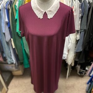 Wine colored dress with crocheted top collar.